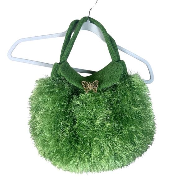 Vintage Handbags - Vintage Y2K Eyelash Mini Bucket Bag Wool Handbag Fuzzy Lime Green Butterfly
